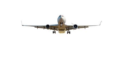 Front view of a commercial airplane in flight, isolated against a transparent background isolated on transparent background