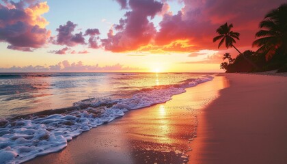 Tropical beach at sunset, vivid sky, gentle waves, leaning palm trees, and footprints in the sand.