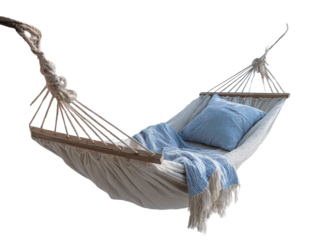 Cozy off-white fabric hammock with wooden spreader bars a blue striped pillow and a fringed throw.