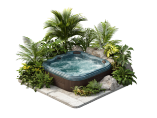 Luxurious garden hot tub with bubbling water nestled among lush tropical plants palms and natural rocks on a stone patio.