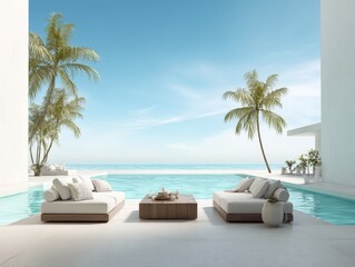 Fototapeta premium Serene Luxury Villa with Infinity Pool Overlooking a Calm Turquoise Ocean.