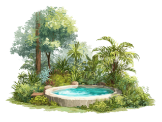 Serene garden oasis with a round stone pool surrounded by lush tropical trees and foliage.