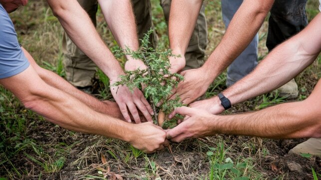 Collective effort of teamwork planting a tree demonstrating environmental responsibility and