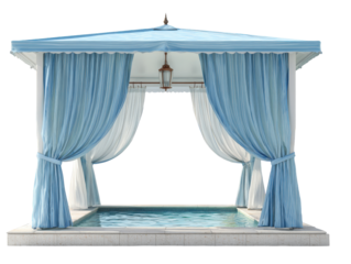 Elegant poolside cabana with a blue striped canopy sheer curtains and an integrated plunge pool.