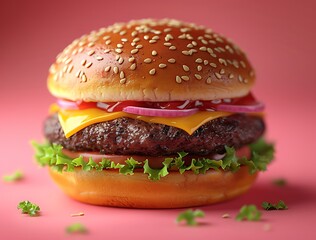Juicy gourmet burger with melted cheese and fresh lettuce on a pink background