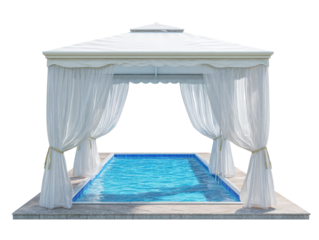 A private swimming pool under a luxurious white gazebo with elegant curtains, creating a serene and exclusive relaxation retreat isolated on a white background