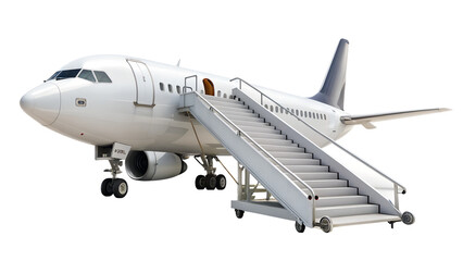Fototapeta premium Commercial airplane with stairs leading to the entrance, isolated against a transparent background isolated on transparent background
