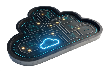 Futuristic cloud computing circuit board with glowing neon cloud symbol