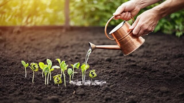 Money bags on soil with seedlings, nurturing growth. Investment and financial advice concept.