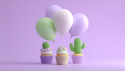 3D illustration of minimalism, featuring balloons, cupcakes, and succulents on a simple pastel purple background.
