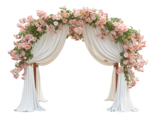 Romantic wedding arch with lush pink roses green leaves and flowing white sheer drapes.