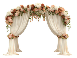 Lush floral wedding arch with draped cream fabric and roses in white pink and terracotta.