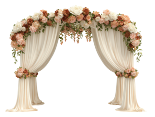 Lush floral wedding arch with draped cream fabric and roses in white pink and terracotta.