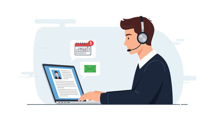 Obraz premium Customer service representative working on a laptop with headphones vector illustration isolated on white background
