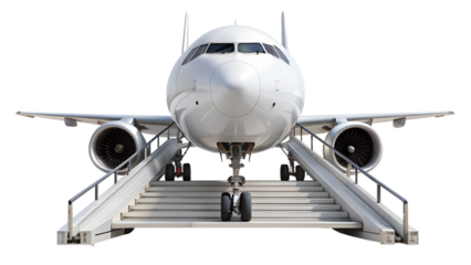 Front view of a white passenger airplane with stairs isolated on transparent background, ready for boarding and takeoff