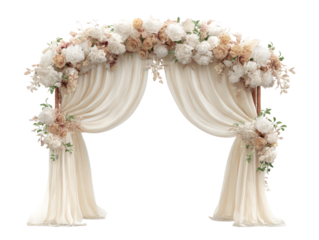 Elegant wedding arch with lush white cream and beige flowers and draped sheer fabric.