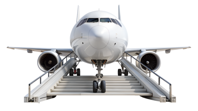 Front view of a white passenger airplane with stairs isolated on transparent background, ready for boarding and takeoff