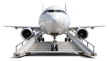 Front view of a white passenger airplane with stairs isolated on transparent background, ready for boarding and takeoff