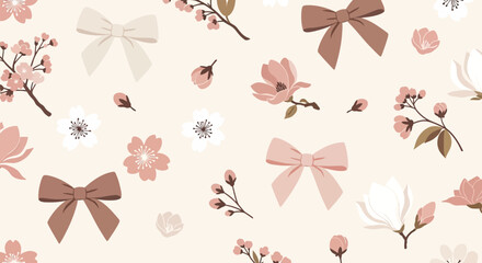 Delicate floral pattern with bows for charming backgrounds and elegant designs featuring cherry blossom and ribbons