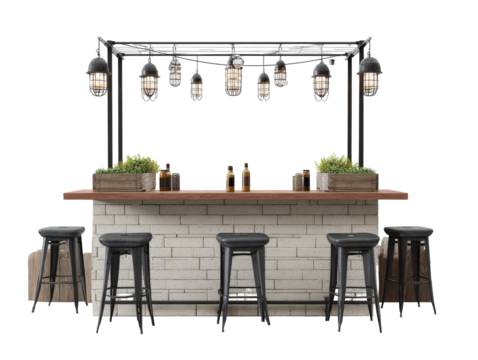 Rustic industrial bar with a white brick base wooden countertop black metal stools and hanging cage lights.