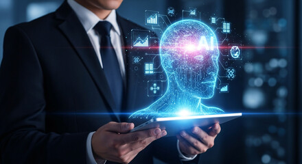 Businessman uses tablet displaying glowing AI human head with data analytics and network connections