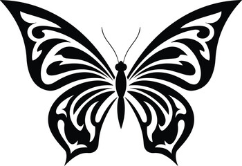 Intricate black and white butterfly silhouette with ornate tribal patterns, decorative tattoo design, nature-inspired vector illustration