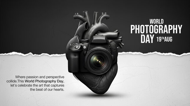 World Photography Day 2025 , 19th August , World Photography Day creative concept of a camera fused with an anatomical human heart, symbolizing passion for the art of photography.