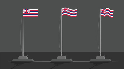 Vector illustration of the Hawaii state flag on flagpoles. A set showing flat and two different waving styles against a grey background.