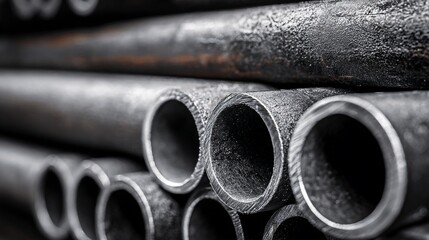 Steel pipes stacked in a warehouse, industrial storage, selective focus, metallic texture