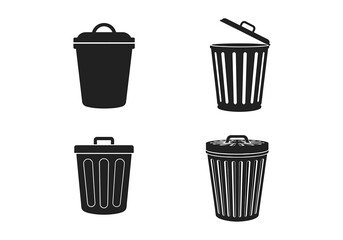 Four distinct styles of trash bins showcasing different designs and functionalities in a minimalistic approach