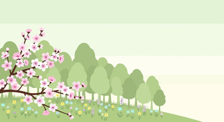 Delicate pastel spring scenery illustration with blooming cherry blossom and trees background