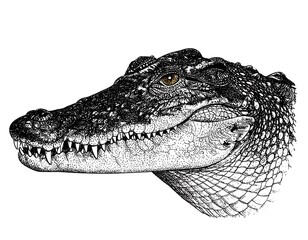 Detailed black and white drawing of a crocodile's head