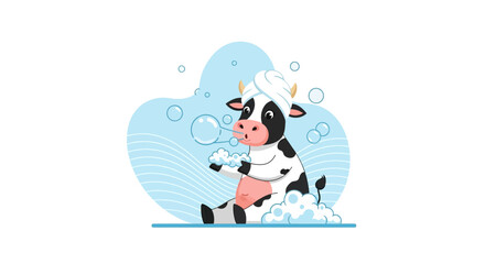 Cute cartoon cow with a towel on its head blowing soap bubbles in the bath
