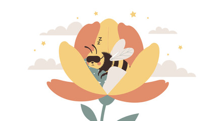 Cute cartoon of a sleepy bee resting in a flower with a mask and clouds in the background