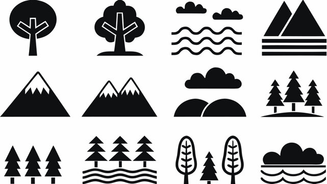 Black and white nature icons featuring trees mountains clouds and water in a simple graphic style