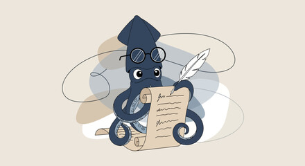 Cute cartoon squid wearing glasses writing on a scroll with a quill pen illustration
