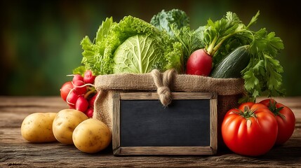 Fresh organic vegetables, including ripe tomatoes and potatoes, are arranged in baskets on a rustic wooden table, with a blank chalkboard in front of the baskets.