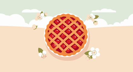 Delicious Cherry Pie Illustration in Pastel Colors for Springtime Baking