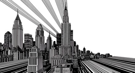 Black and white illustration of a cityscape featuring skyscrapers and buildings with radiating lines suggesting movement or energy.
