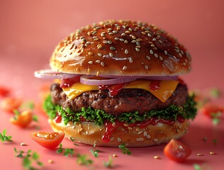 Juicy gourmet burger with fresh ingredients, perfect for food ads and menus