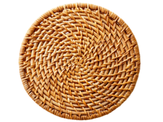 Handcrafted round rattan placemat with a spiral woven pattern and natural fibrous texture.