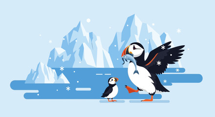 Fototapeta premium Delightful cartoon illustration of puffins in an arctic landscape with snow and icebergs