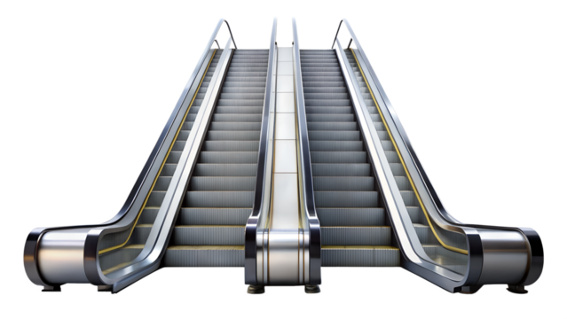 Two modern escalators with metal and glass railing isolated on transparent background for easy use in your design projects
