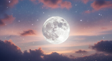 Majestic full moon shines brightly amidst a magical twilight sky filled with twinkling stars and soft, colorful clouds