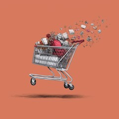 An illustration of a shopping cart overflowing with  gifts, flowers, and festive items, set against a warm coral background. 