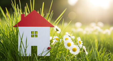Charming miniature house nestled in lush green grass with daisies and a ladybug, bathed in warm sunlight, evoking a sense of home and nature.