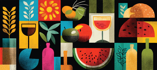 Geometric Food and Drink Collage with Vibrant Colors Modern Art Style Featuring Fruits Wine Bread Plants and Decorative Elements for Culinary and Beverage Concepts