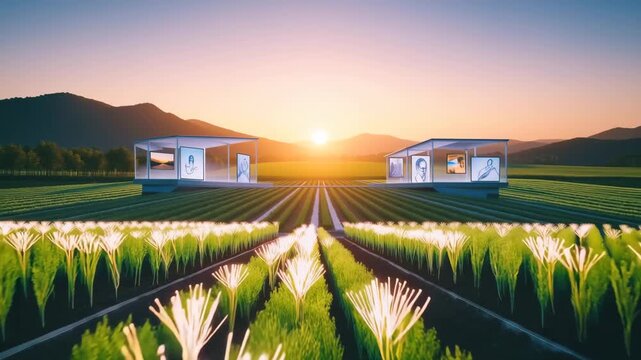 Farming and agricultural concept, Crystal Bloom to Sunset Field &ndash; Illustrated Floral Transformation