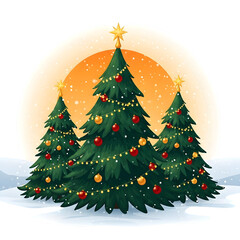 Three decorated christmas trees with stars and lights in the snow isolated on transparent background