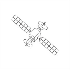 Illustration of a Satellite with Solar Panels and Antennas Orbiting Earth A Clean and Simple Black and White Line Drawing